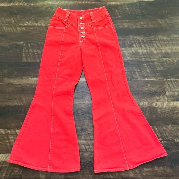 Vintage Baxis red super flare bells bellbottom wide leg denim jeans 26” waist - Picture 1 of 15